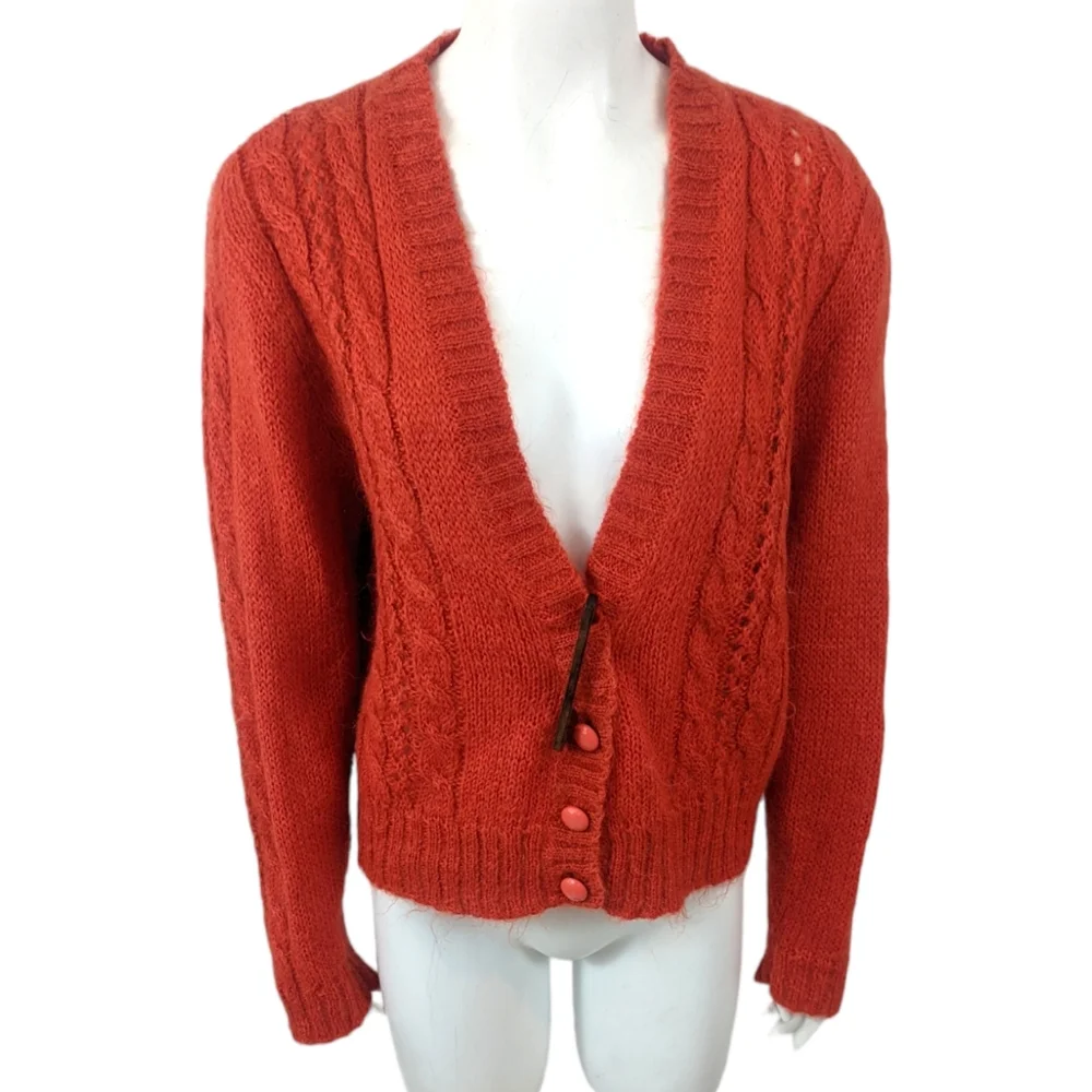 Vintage Wool Button Cardigan Sweater Womens Medium Orange DD Sloane V Neck - Picture 1 of 13